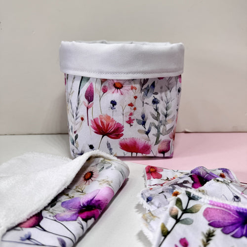 Cesta Skincare Floral con Toallitas de Rizo de Bambú