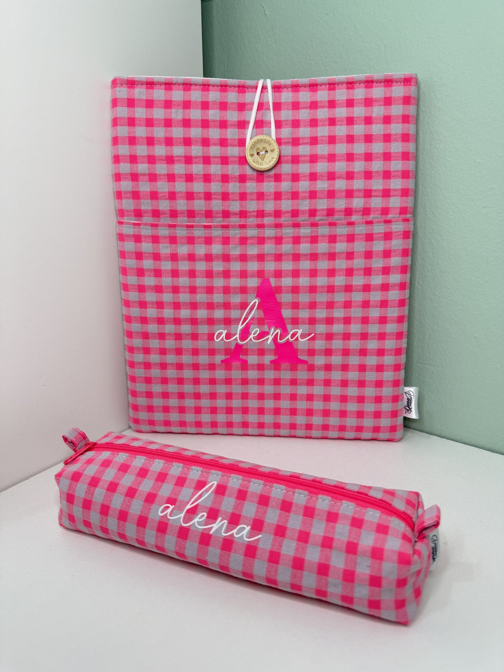 Pack Funda de Libro Acolchada + Estuche a Juego · Vichy Rosa Flúor