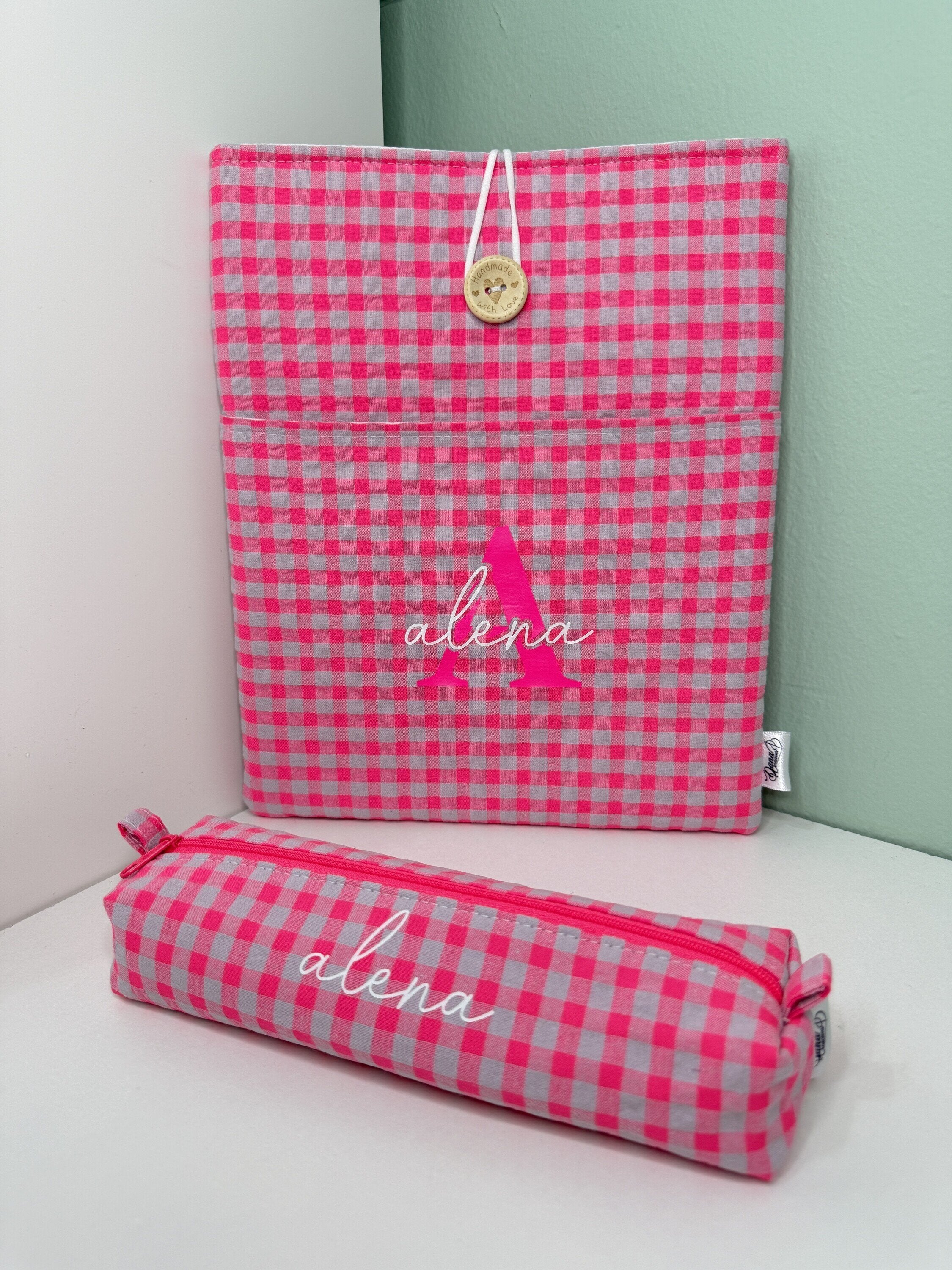 Pack Funda de Libro Acolchada + Estuche a Juego · Vichy Rosa Flúor