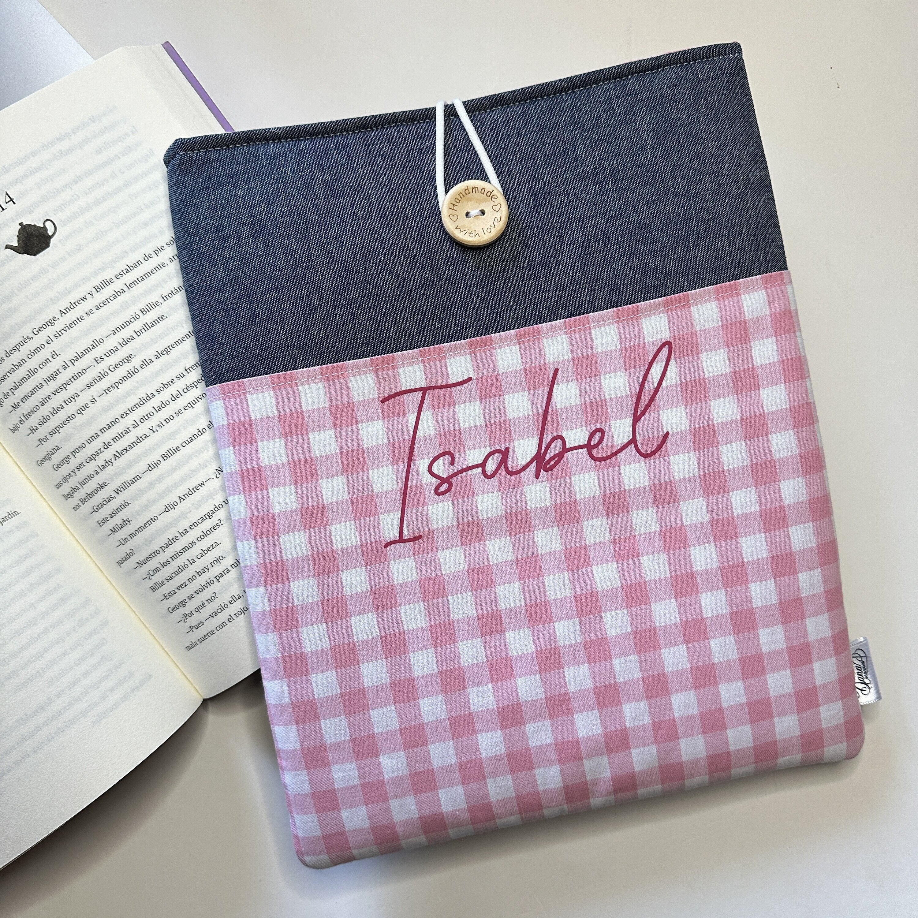 Funda de Libro Acolchada con Bolsillo · Combinado Vaquero y Vichy
