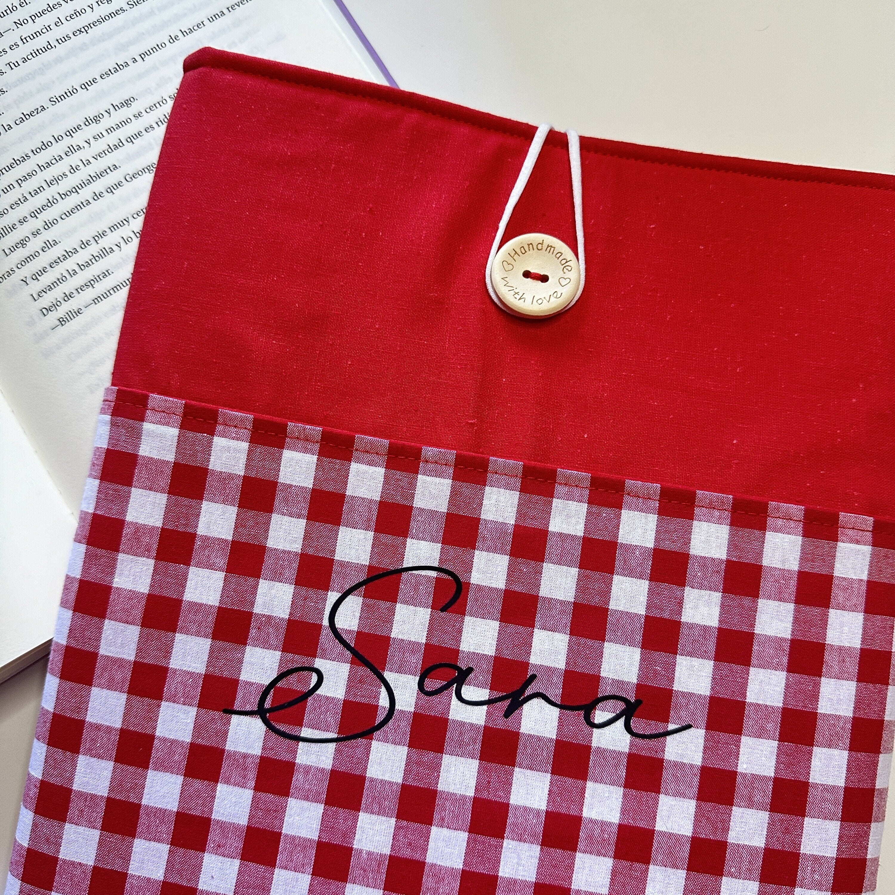 Funda de Libro Acolchada con Bolsillo · Combinado Liso y Vichy