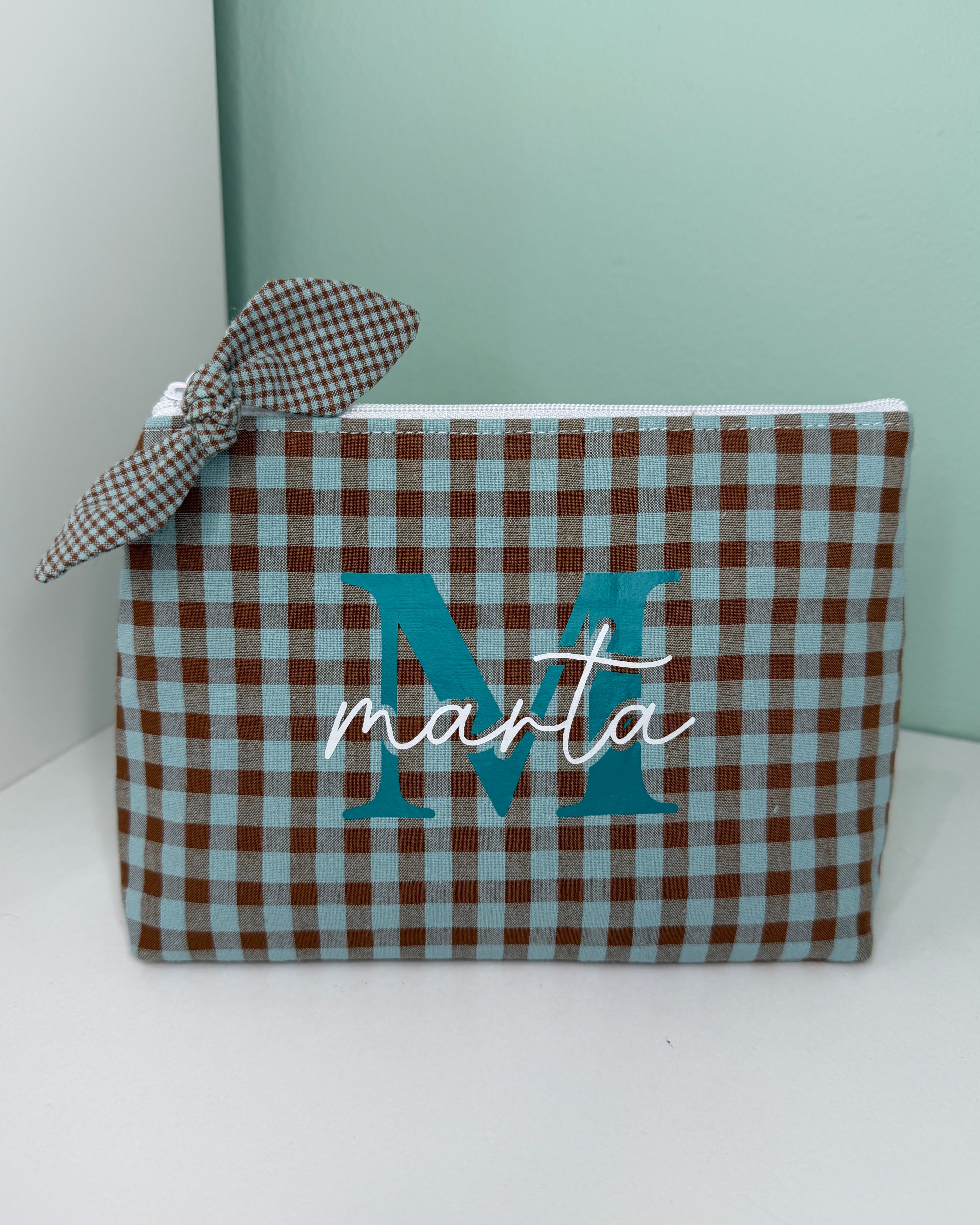 Neceser personalizado - Vichy mint y marrón con lacito