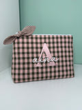 Neceser personalizado - Vichy rosa y kaki con lacito