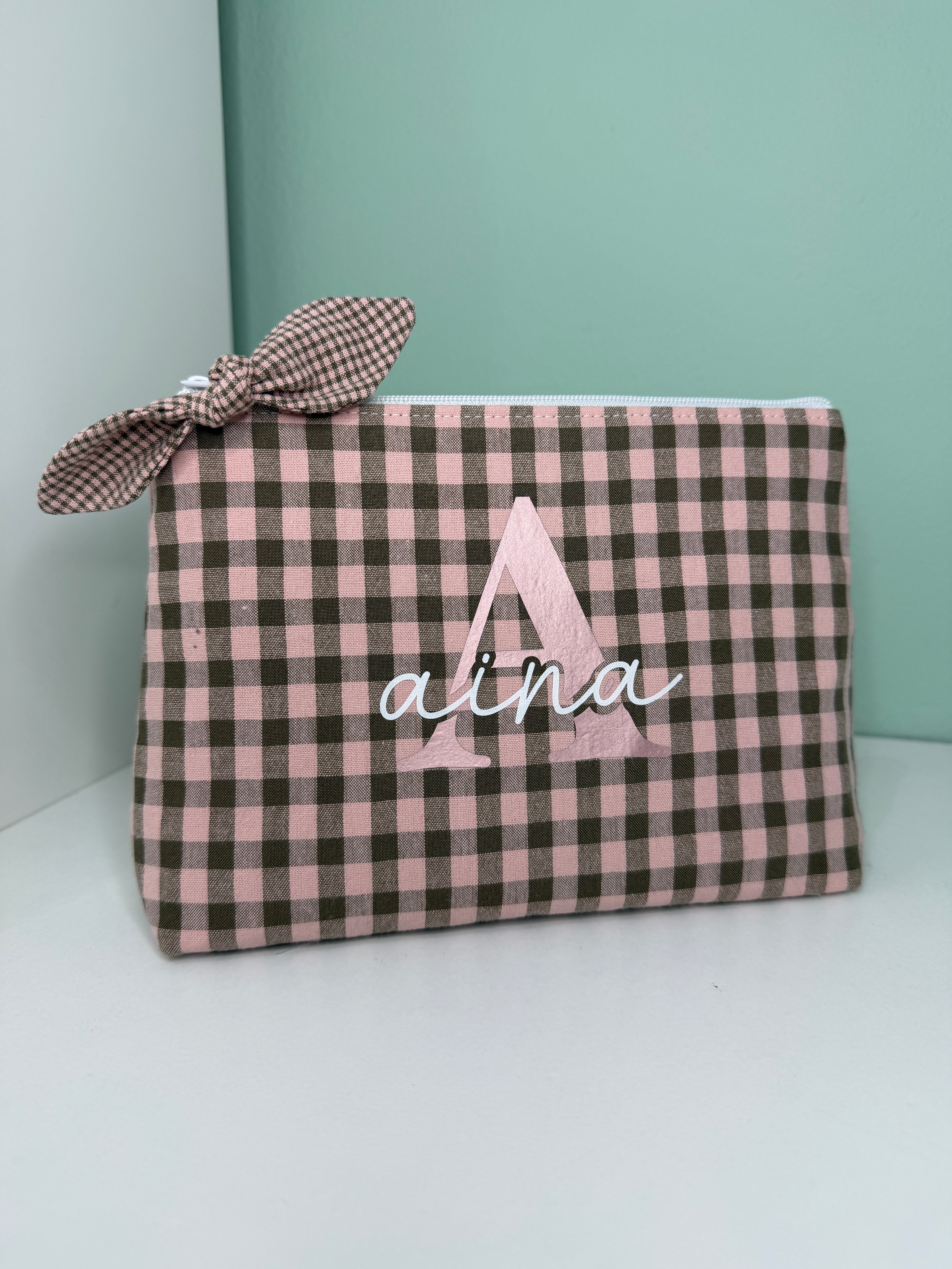 Neceser personalizado - Vichy rosa y kaki con lacito